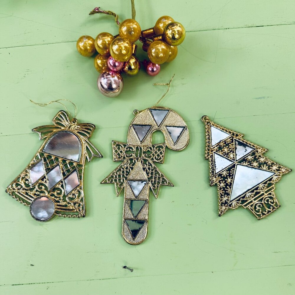 Vintage MCM Gold Mirrored Ornaments Three Gilded Gold Xmas Tree Ornaments Retro
